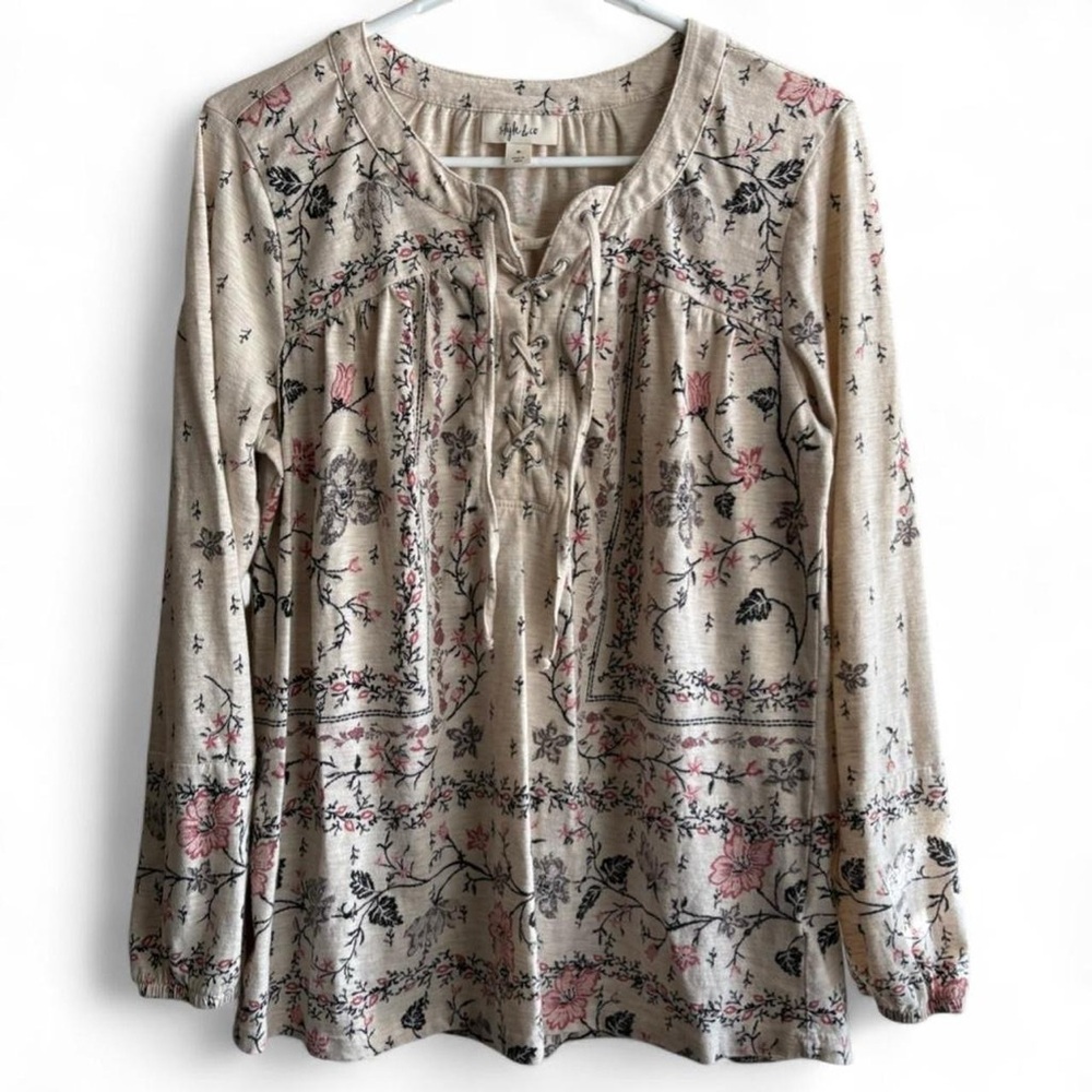Floral Beige Boho Long Sleeve Women's Top Size Medium